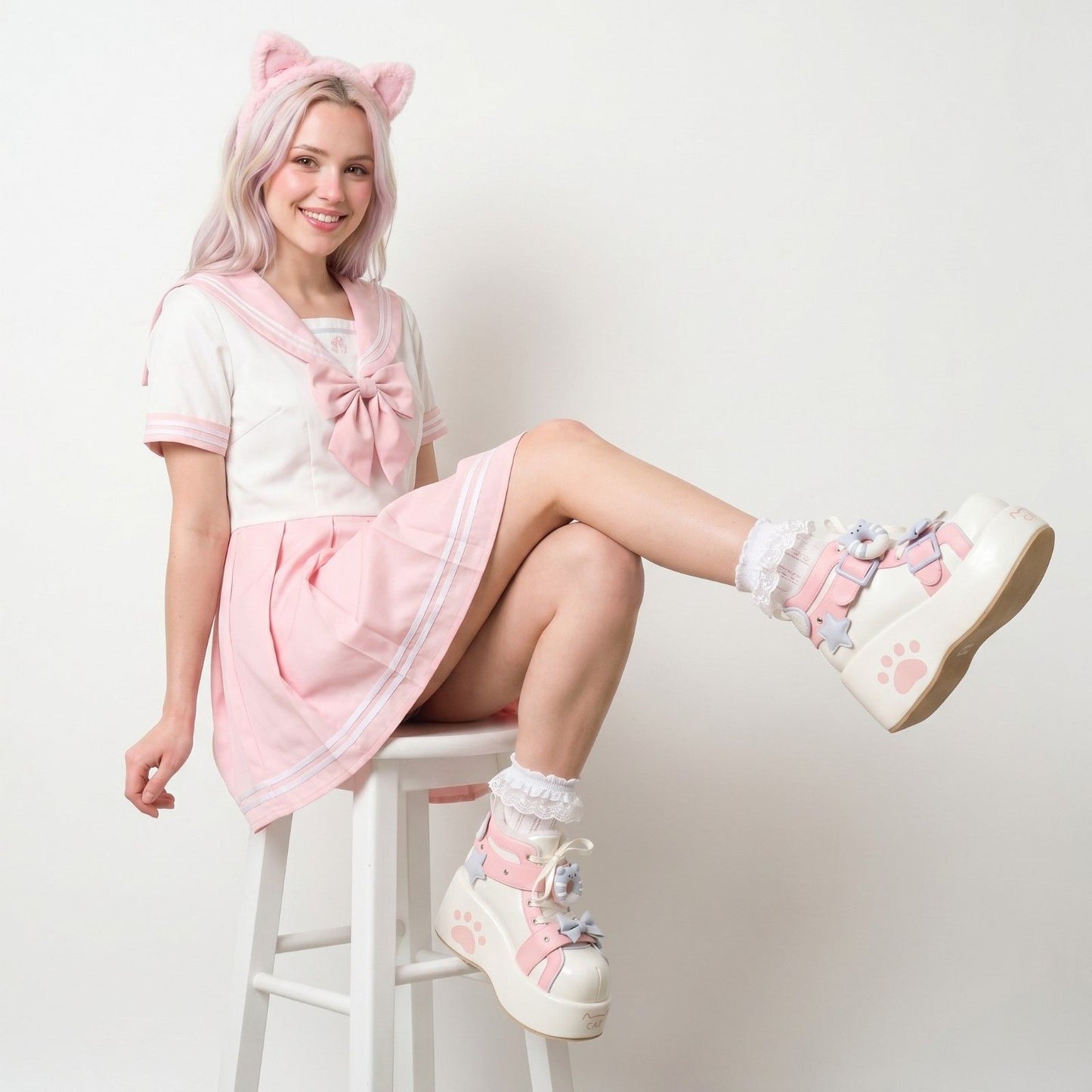 Sweet Paw Kitty Kawaii Sneakers light pink with star and paw prints, kawaii ddlg pastel sneakers for kawaii outfits