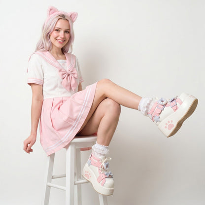 Sweet Paw Kitty Kawaii Sneakers light pink with star and paw prints, kawaii ddlg pastel sneakers for kawaii outfits