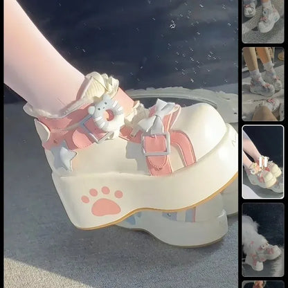 Sweet Paw Kitty Kawaii Sneakers light pink with double bows and paw prints, ddlg kawaii sneakers for pastelcore fashion lovers