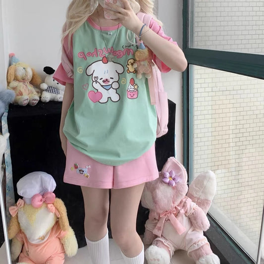 Sweet Paws Bakery tee with kawaii cat and pastel bakery print