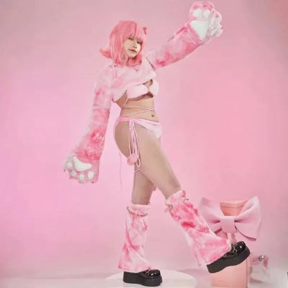 Sweet Purrfection Cosplay Set, front view with bra, panties, and plush hoodie, playful babygirl energy