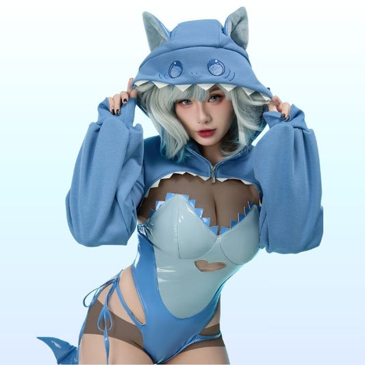 Sweet Shark Bite Full Playtime Outfit. Hot and cute cosplay set with hoodie, bodysuit, tail, and straps for flirty playful vibes