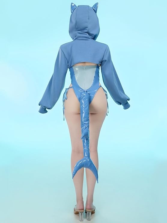 Cheeky Sweet Shark Bite Playtime Outfit.  Hoodie, bodysuit, tail, and straps — hot, cute, and irresistible cosplay vibes