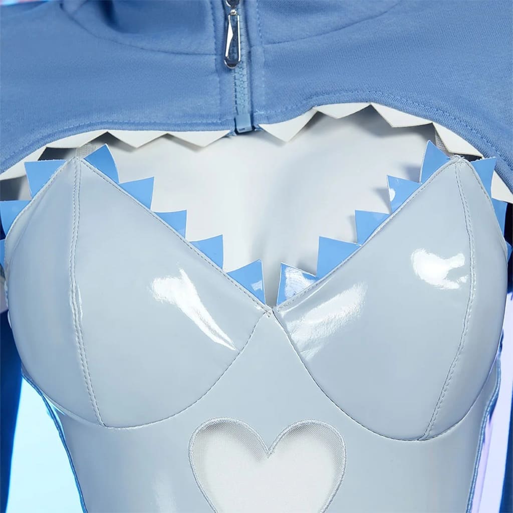 Side view of model wearing Sweet Shark Bite Cosplay Set with shark hoodie over cutout bodysuit and tail attached