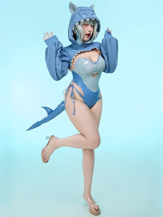 Sweet Shark Bite Cosplay Set styled as complete DDLG kawaii cosplay look with hoodie, bodysuit and tail on model