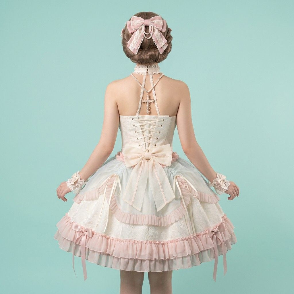 Pastel blue pink white lolita corset dress ruffle layer detail bow cross emblem kawaii cutecore party dress