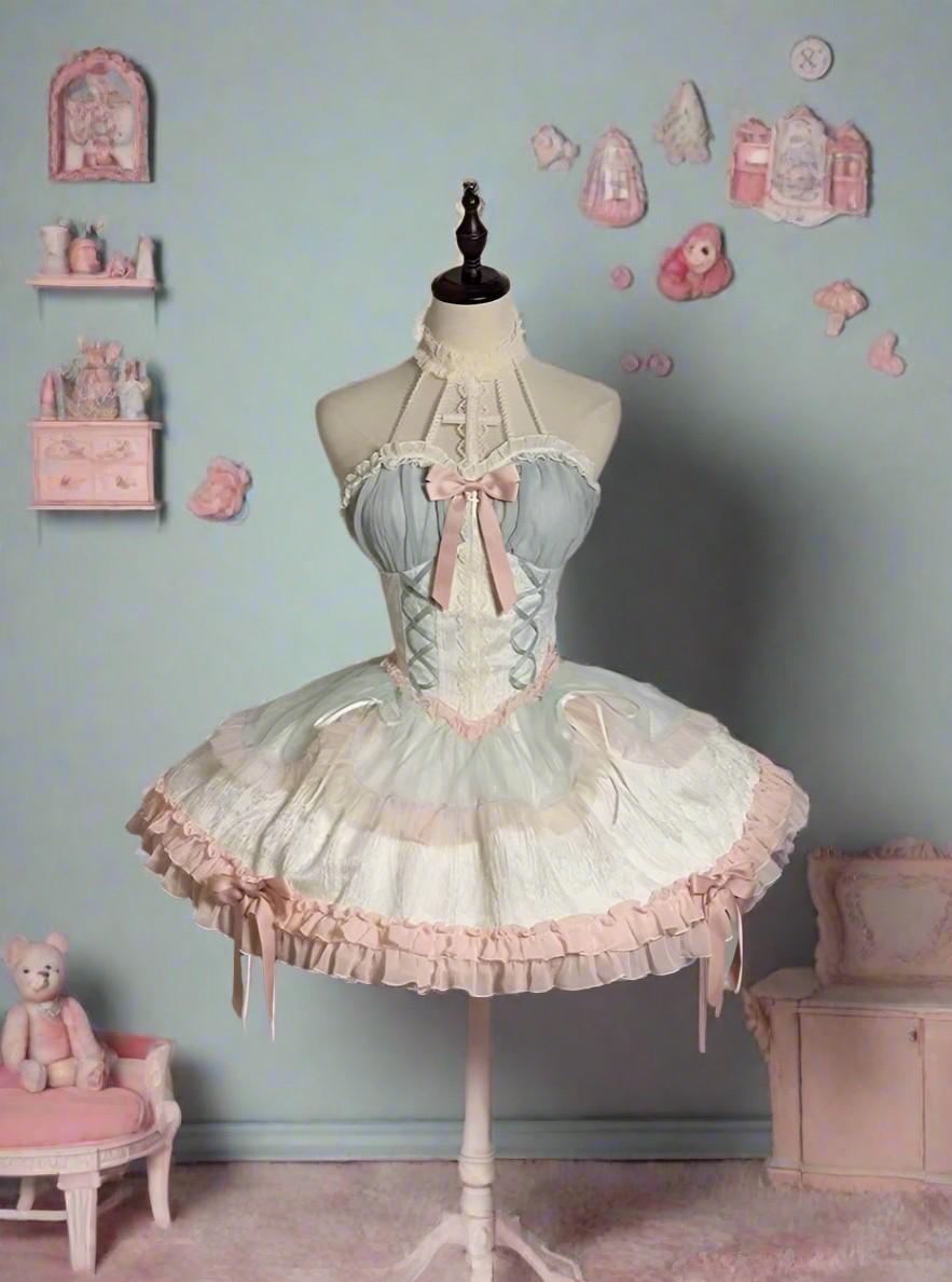 Sweet Squeeze Lolita mini corset party dress pastel blue pink white front view lace-up halter ruffle kawaii