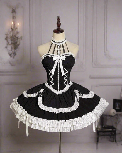 Sweet Squeeze Lolita Mini Corset Party Dress in black and white, cutecore and baddie aesthetic, ABDL & DDLG fantasy outfit
