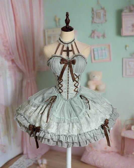 Sweet Squeeze Lolita Mini Corset Party Dress in mint green and chocolate brown, cutecore, baddie, ABDL & DDLG fantasy dress