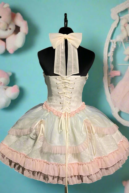 Sweet Squeeze lolita corset mini dress pastel blue pink white back lace-up corset waist halter detail