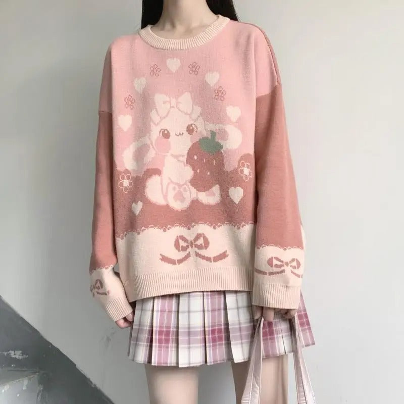 Sweet Strawberry Bunny Sweater with bunny and strawberry print – kawaii Lolita pullover for soft girl fashion