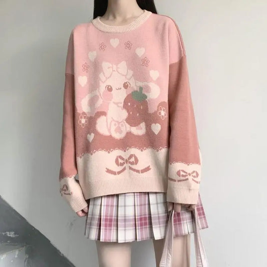Sweet Strawberry Bunny Sweater with bunny and strawberry print – kawaii Lolita pullover for soft girl fashion