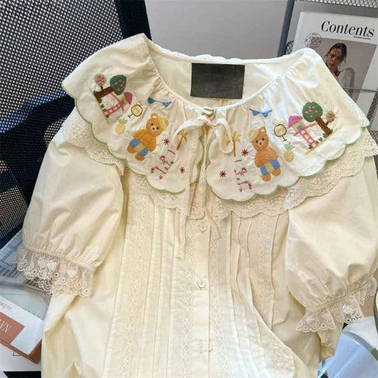Front view of Sweet Teddy Bear Lolita Shirt with kawaii teddy bear print and classic lolita fit