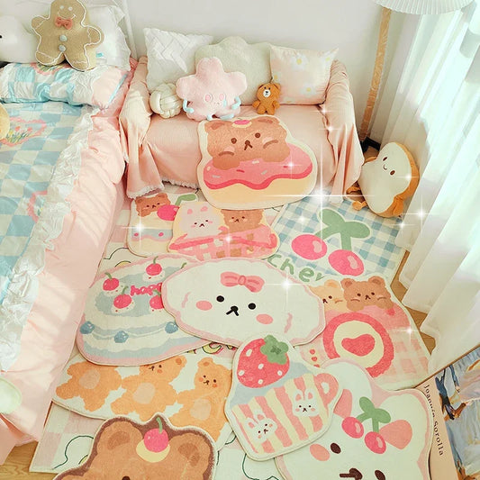 Sweet Treats kawaii rug collection with pastel cupcakes, candy, strawberries, and stars for cozy kawaii rooms