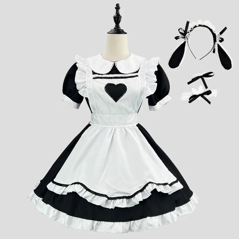 Sweetheart Lolita maid cosplay dress set in classic black with heart detail, ruffles, bunny headband, cutecore and kawaii style for DDLG and ABDL girlies