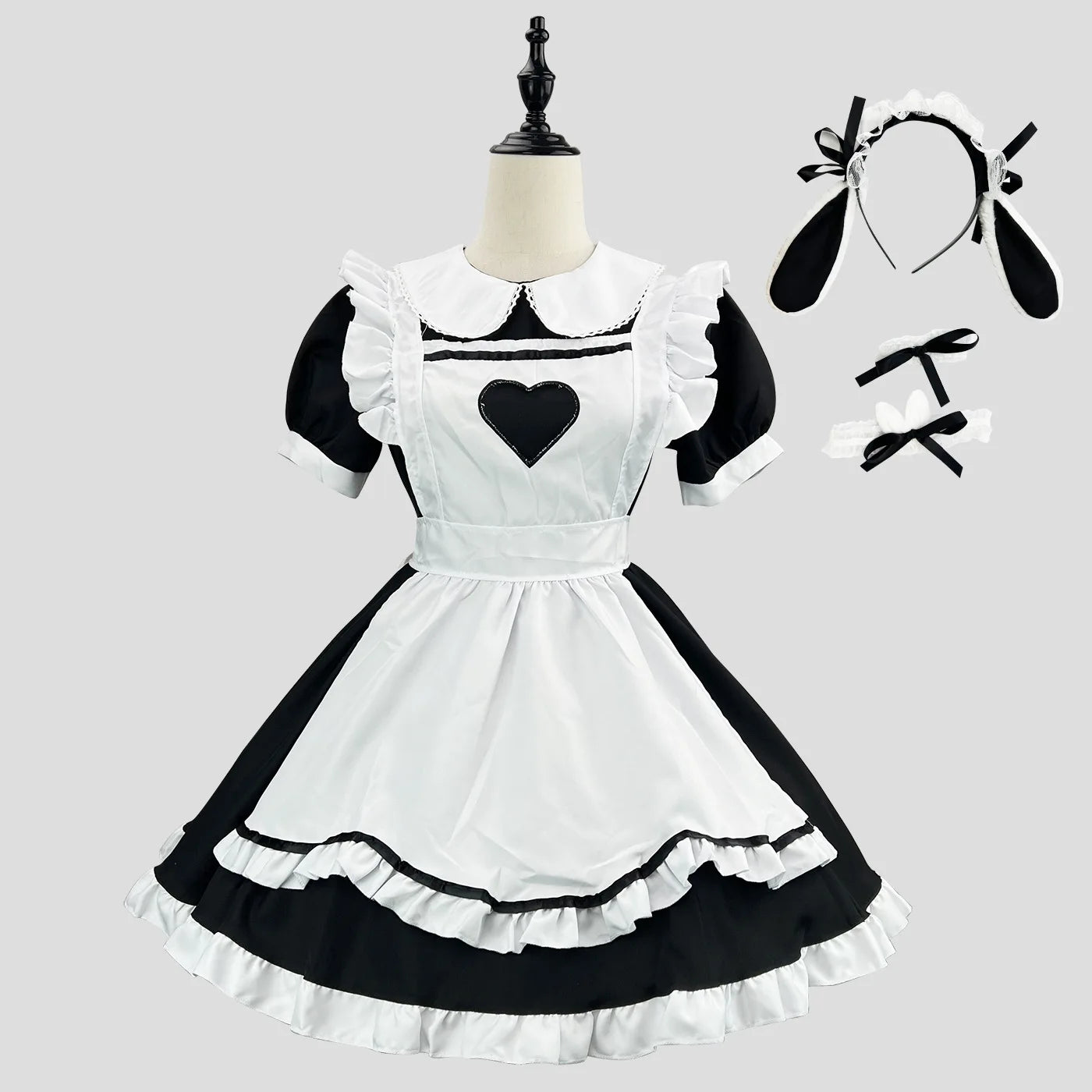 Sweetheart Lolita maid cosplay dress set in black with layered apron and ruffles, kawaii cutecore and pastel-inspired fashion for DDLG and ABDL