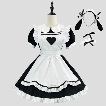 Sweetheart Lolita maid cosplay dress set in black with layered apron and ruffles, kawaii cutecore and pastel-inspired fashion for DDLG and ABDL