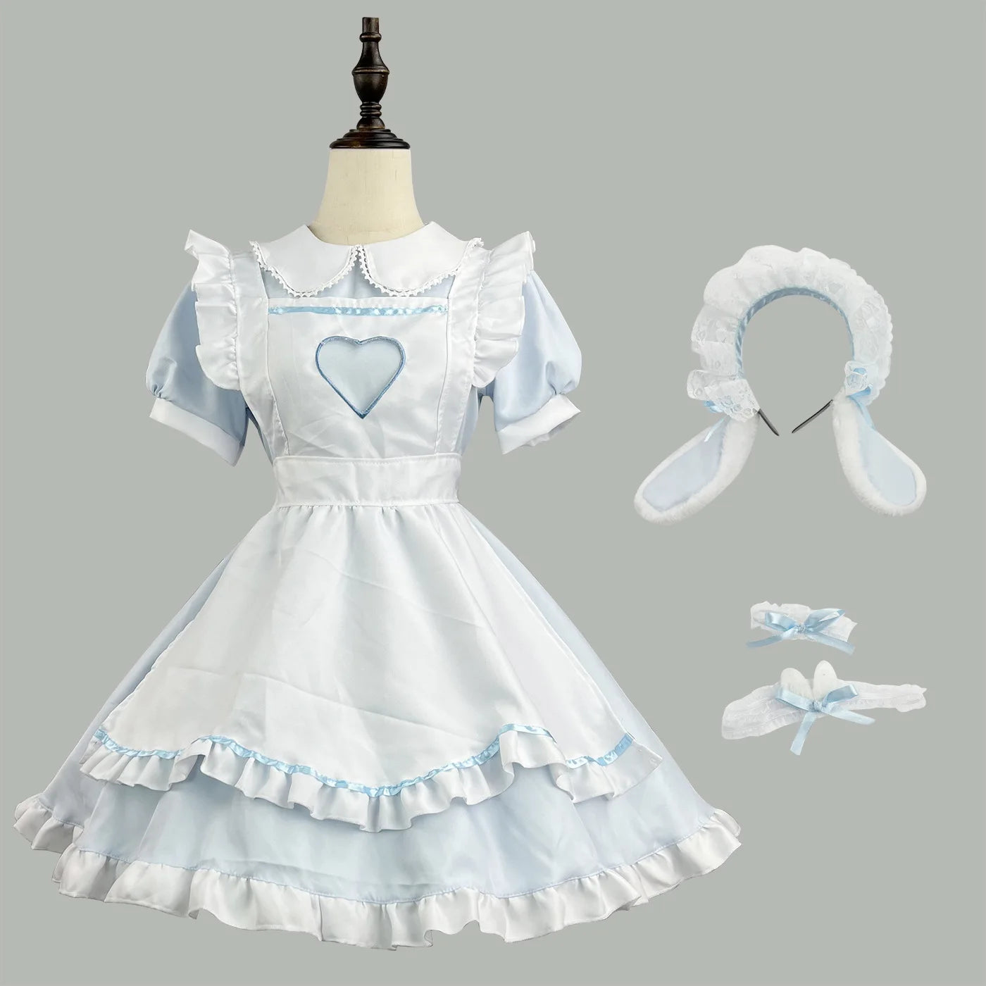 Sweetheart Lolita maid cosplay dress set in soft pastel blue with layered apron, ruffles, and kawaii cutecore fashion for DDLG and ABDL