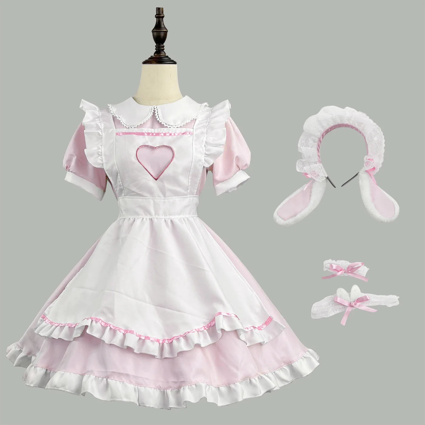 Sweetheart Lolita maid cosplay dress set in soft pastel pink with layered ruffles and apron, kawaii lolita cutecore for DDLG and ABDL girlies