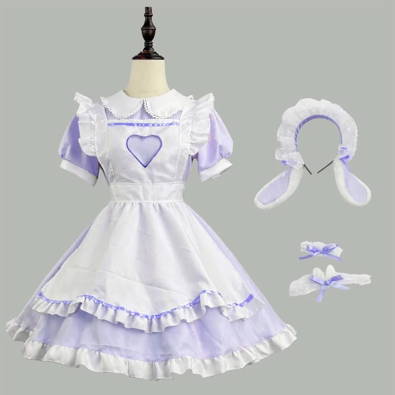 Sweetheart Lolita maid cosplay dress set in soft pastel purple with heart chest, ruffles, bunny headband, cutecore kawaii style for DDLG and ABDL girlies