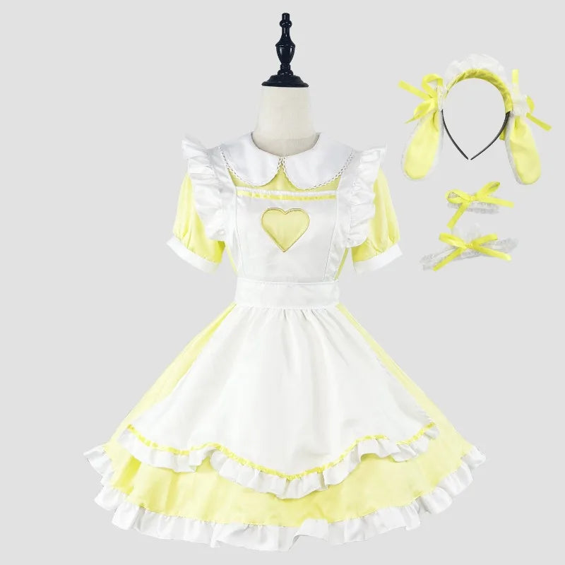 Sweetheart Lolita maid cosplay dress set in baby soft pastel yellow with heart chest detail, bunny headband, kawaii cutecore style for DDLG and ABDL