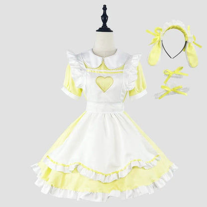 Sweetheart Lolita maid cosplay dress set in baby soft pastel yellow with heart chest detail, bunny headband, kawaii cutecore style for DDLG and ABDL