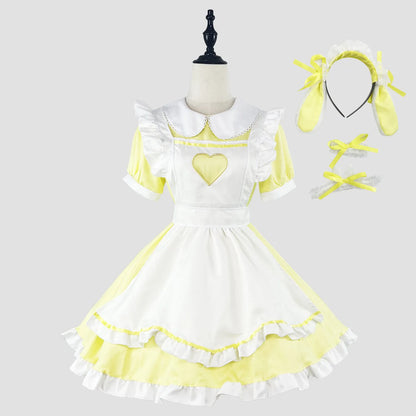 Sweetheart Lolita maid cosplay dress set in soft pastel yellow with layered ruffles and apron, pastel kawaii lifestyle for DDLG and ABDL girlies