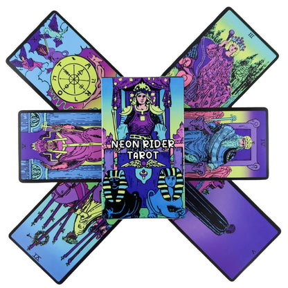 Tarot deck with neon Rider-Waite design and midnight glow, ABDL DDLG kawaii mystical card deck.