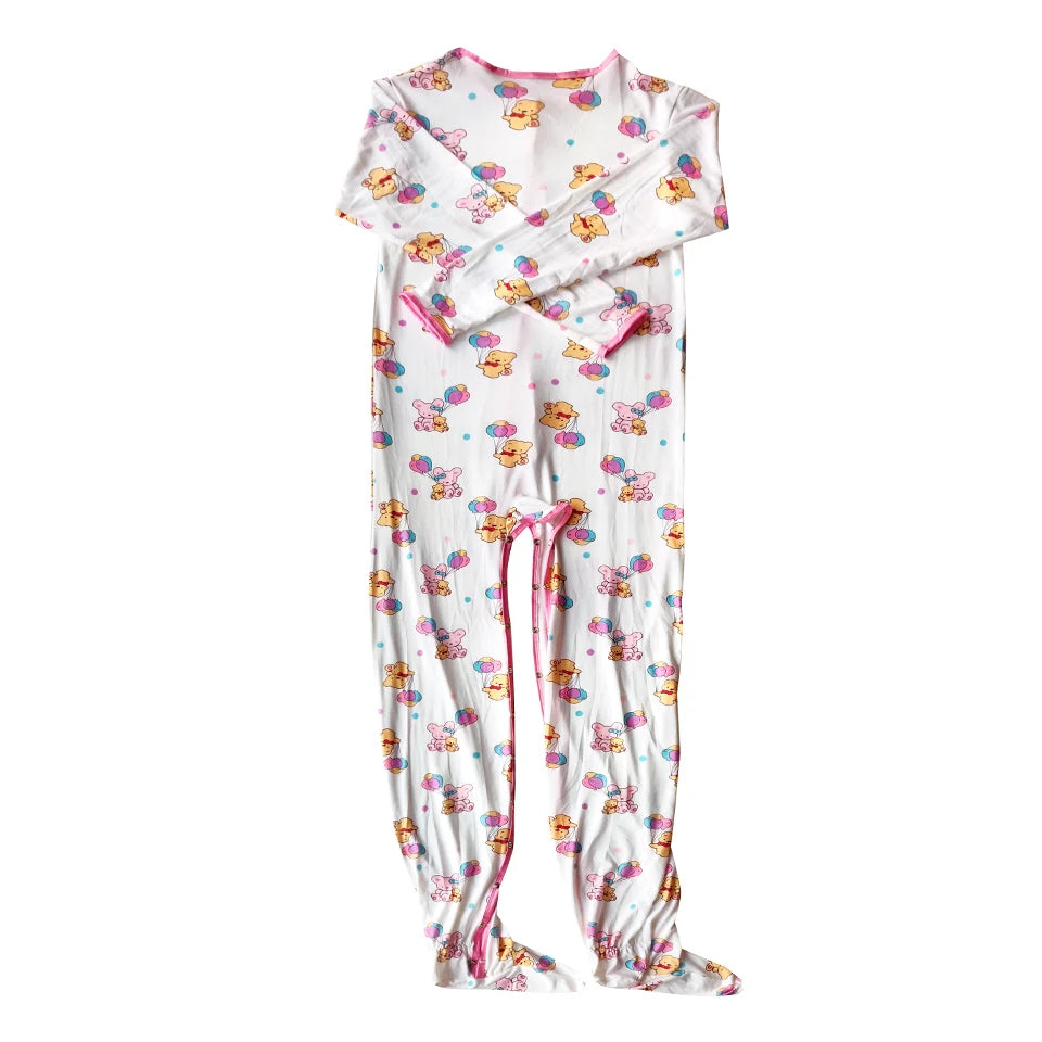 Soft pink collar binding detail on teddy balloon cuddle sleeper onesie