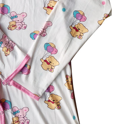 Pink ribbed cuff detail on long sleeves of teddy balloon sleeper onesie