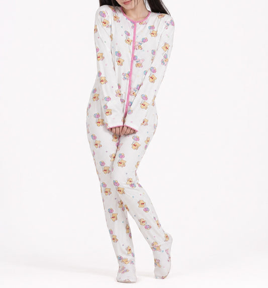 Teddy balloon cuddle sleeper onesie with footed design and pink accents, DDLGirl style