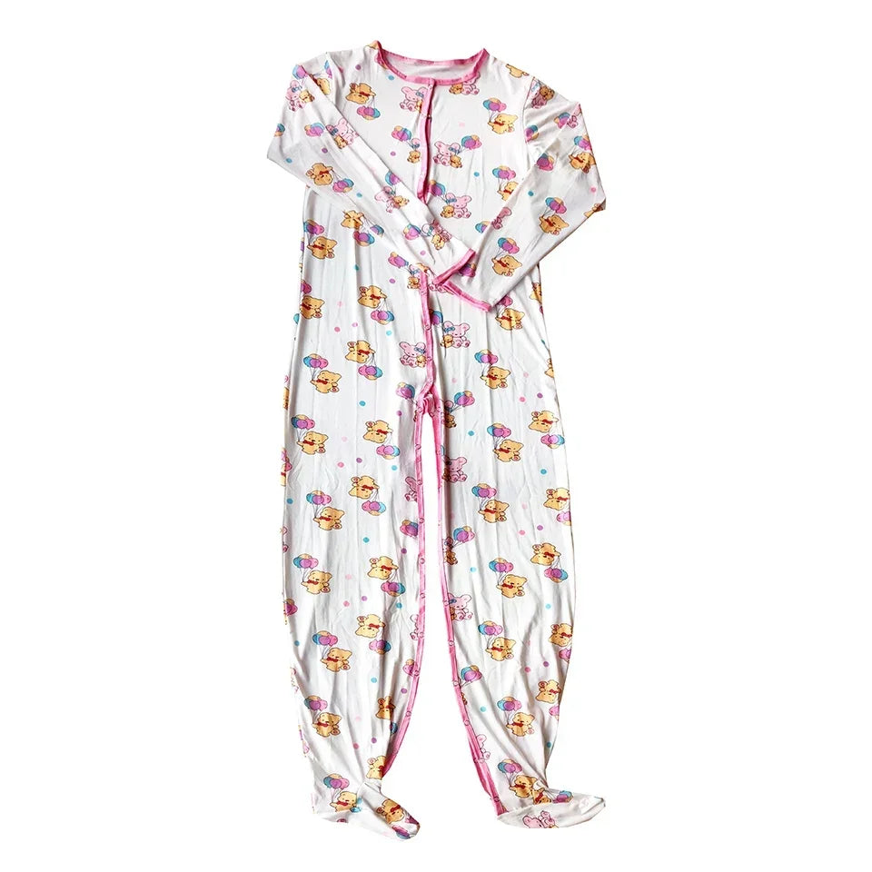 Teddy bear balloon print detail with stars and dots on cozy sleeper onesie