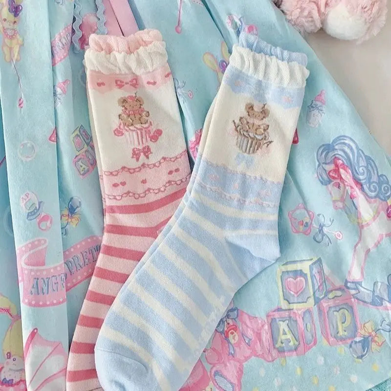 Teddy cupcake socks in pastel pink blue yellow and dark red brown black, kawaii ddlg abdl cozy wear