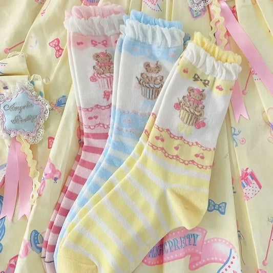 Pastel teddy cupcake socks set with kawaii ddlg cutecore vibes, 3 pairs soft lolita babygirl fashion