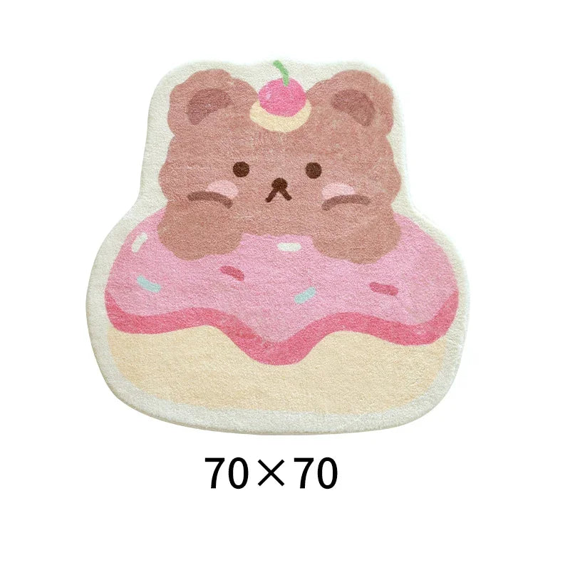 Brown teddy bear wearing pink frosting donut on kawaii pastel rug, playful and soft