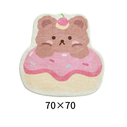Brown teddy bear wearing pink frosting donut on kawaii pastel rug, playful and soft