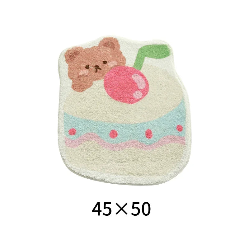 Teddy bear grabbing large cake design on kawaii pastel rug, sweet and soft aesthetic