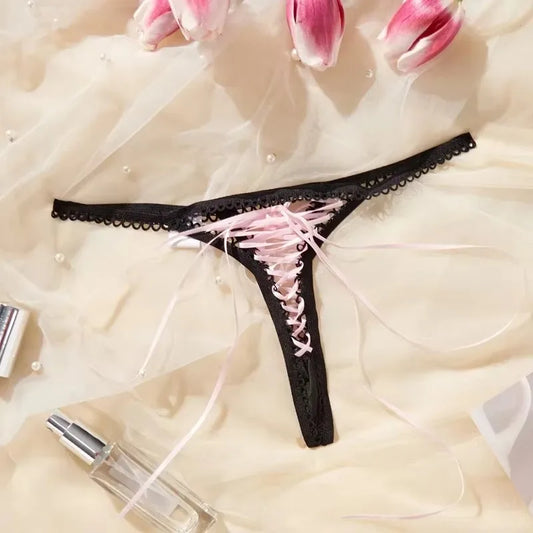 Tempting Ties Thong Panties with delicate pink lace and adjustable black tie-up sides, perfect for DDLG ABDL cutecore vibes