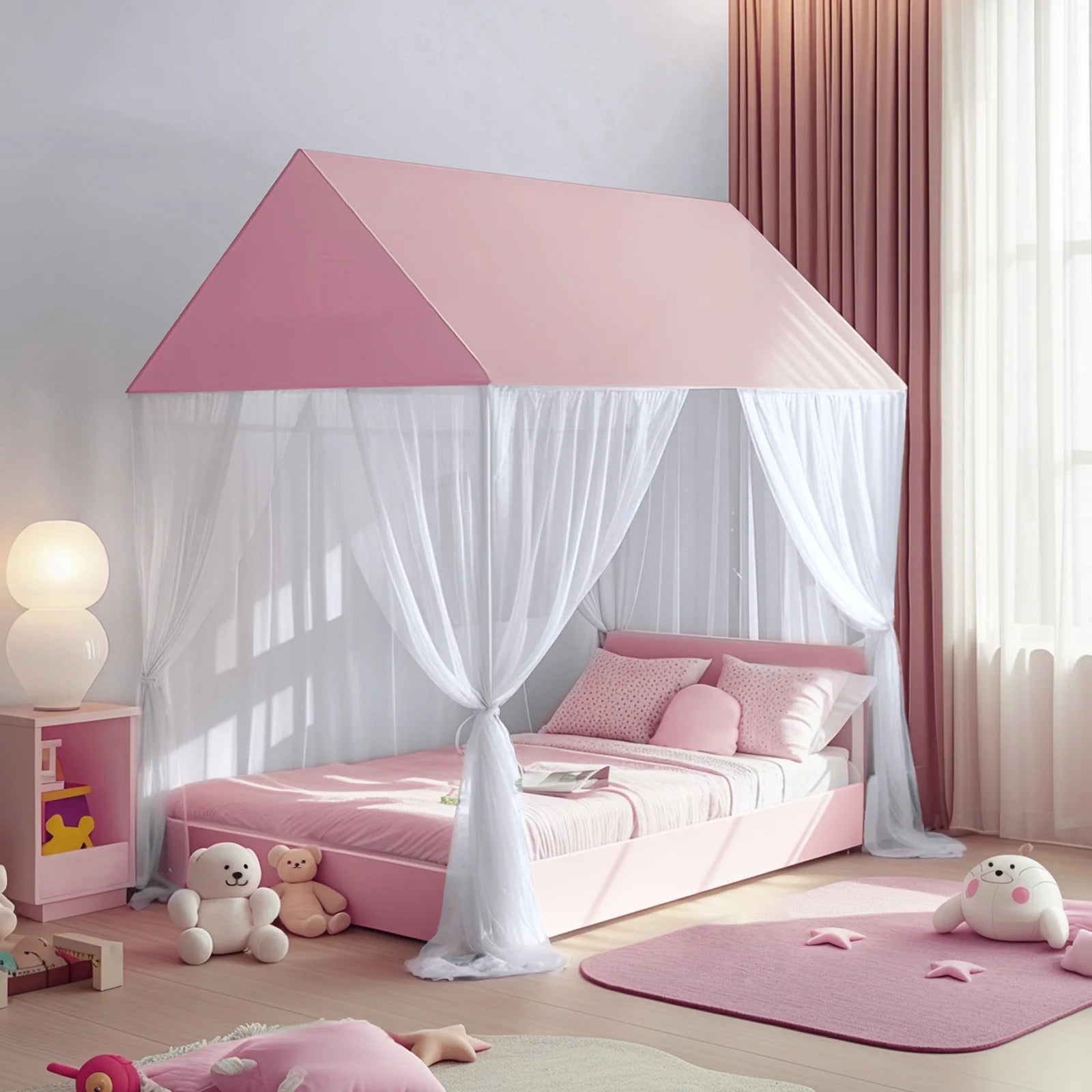 Princess canopy bed curtains with three side openings providing easy access and comfortable use