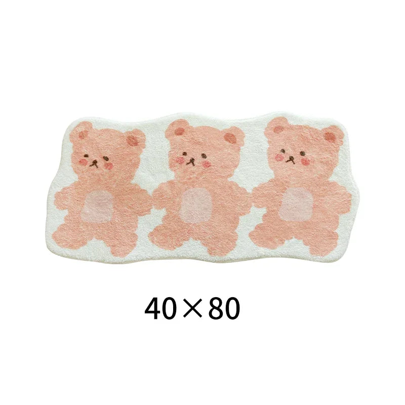 Three teddy bears pastel kawaii rug design, cute cartoon plushie style for cozy rooms