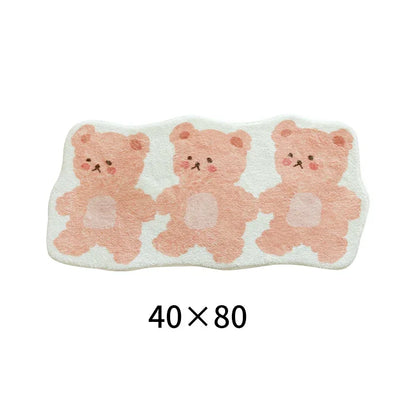 Three teddy bears pastel kawaii rug design, cute cartoon plushie style for cozy rooms