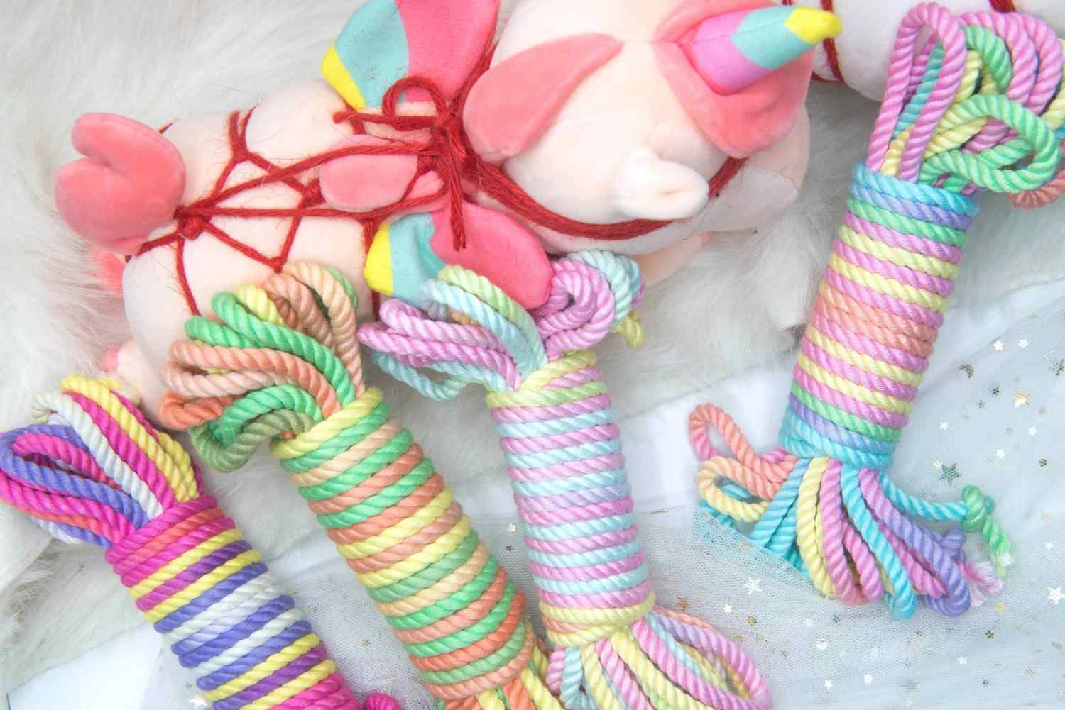 Tied Up in Rainbows Shibari Rope for ddlg, abdl, kawaii, cutecore, lgbtq+ fantasy and playful bondage