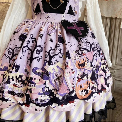 Gothic kawaii Trick or Trouble Halloween Lolita dress with flirty lace and ribbons for cosplay and ABDL fashion