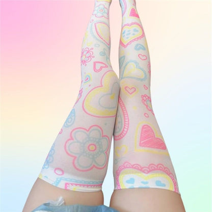 Tricolor candy heart parade stockings in pastel yellow, pink, and blue with hearts and flowers
