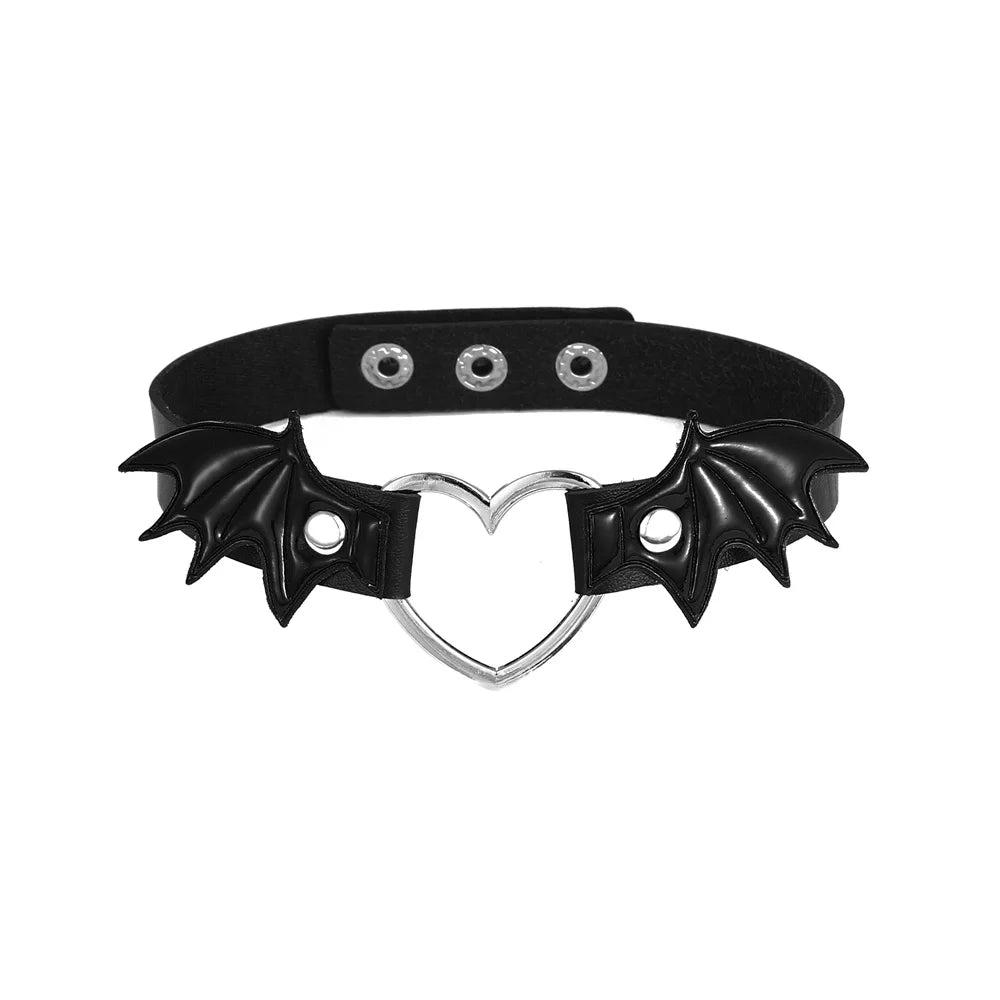 Black leather bat heart choker with gothic cosplay collar design