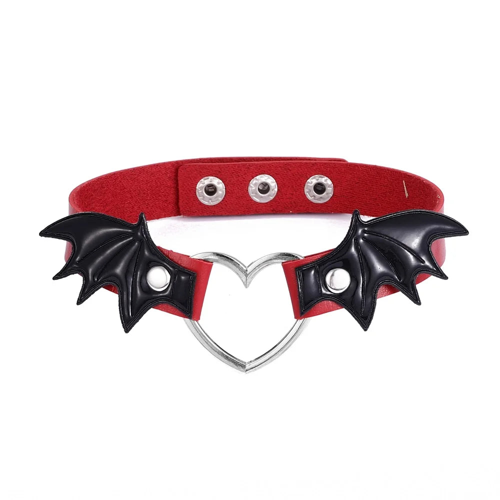 Red and black leather heart choker with bat wings and goth style