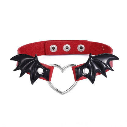 Red and black leather heart choker with bat wings and goth style
