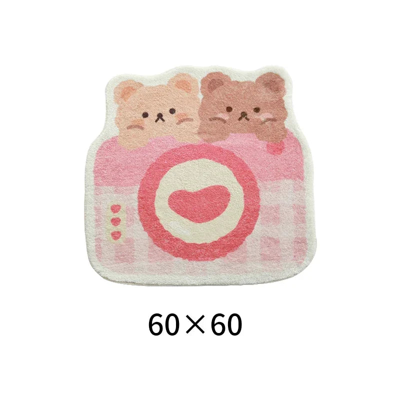  Two teddies in bed with heart blanket on pastel kawaii rug, soft and cute decor