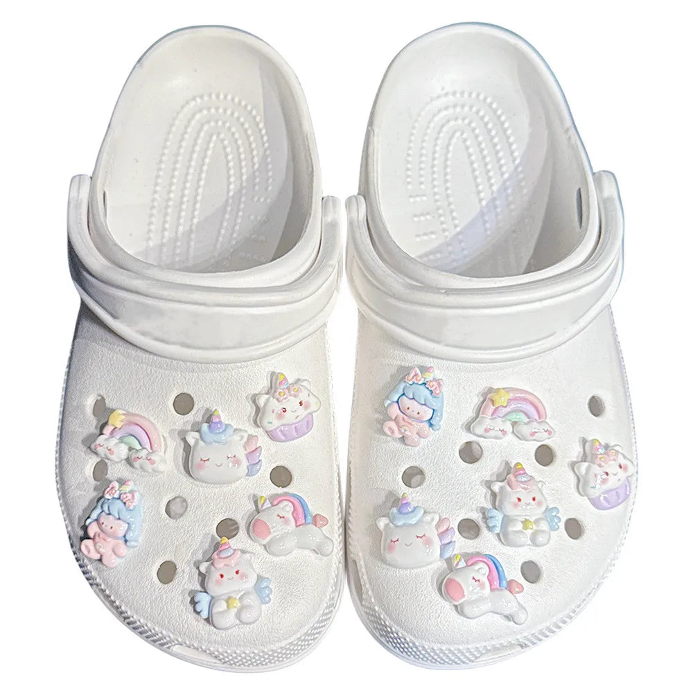 Unicorn DIY shoe charm in soft pastel colors, perfect for styling Crocs and perforated shoes