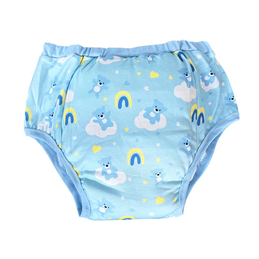 Up in the Clouds Bear Diaper with pastel sky and bear print, soft breathable fabric, and secure elastic fit